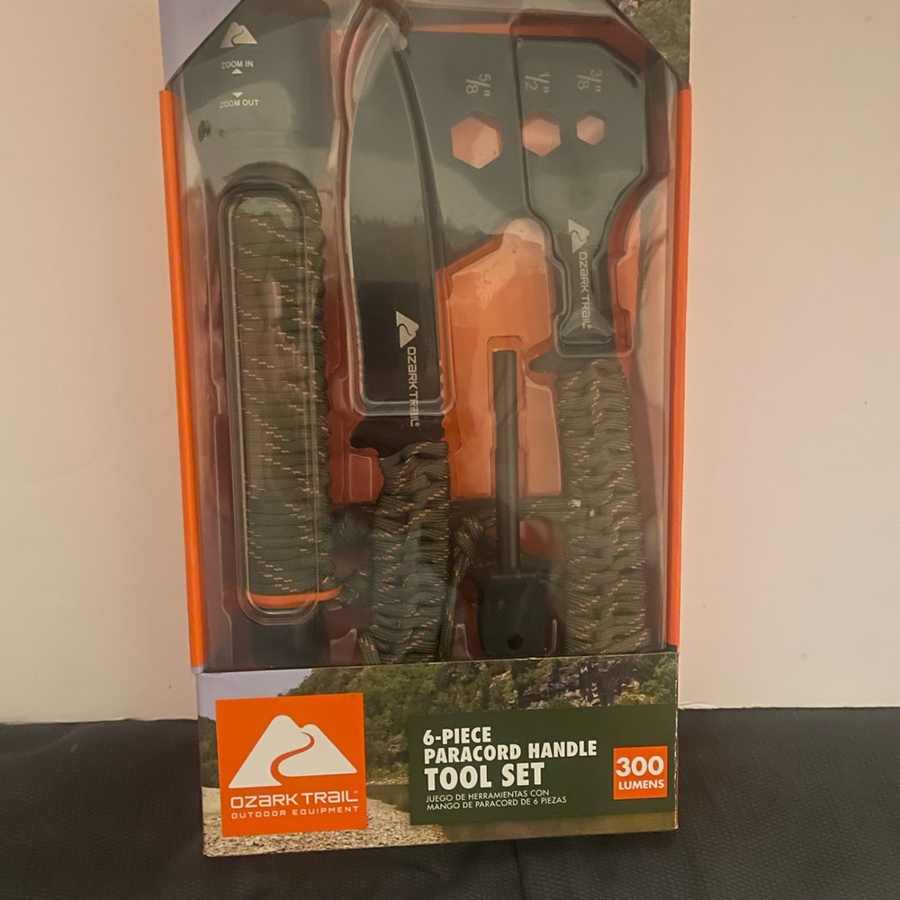 ozark trail 6 piece paracord handle tool set knife hatchet flashlight